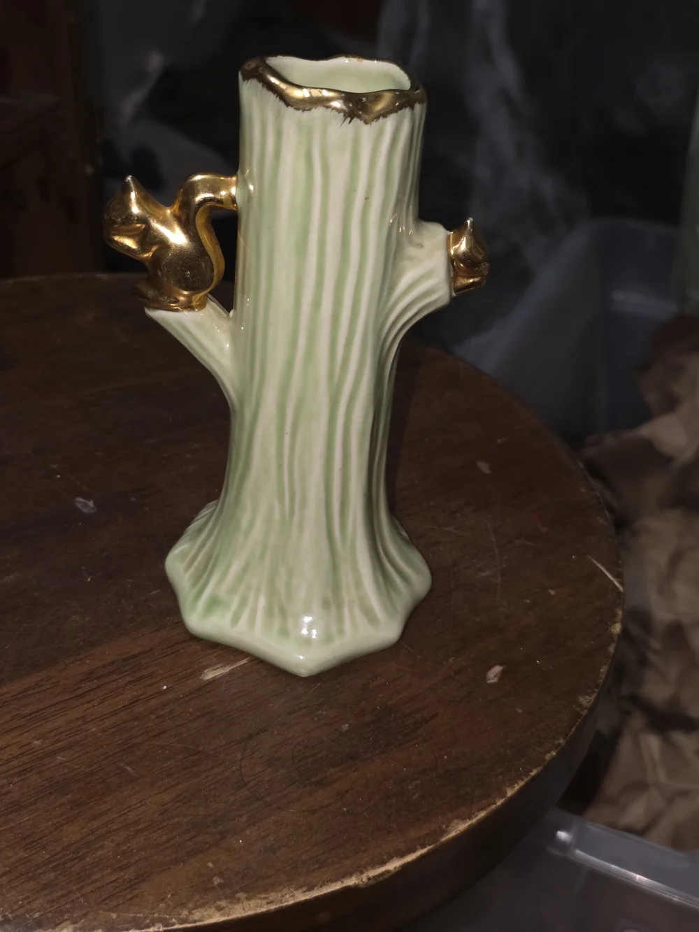 Vintage Green Ceramic Tree Trunk Vase with 22k Gold Accents